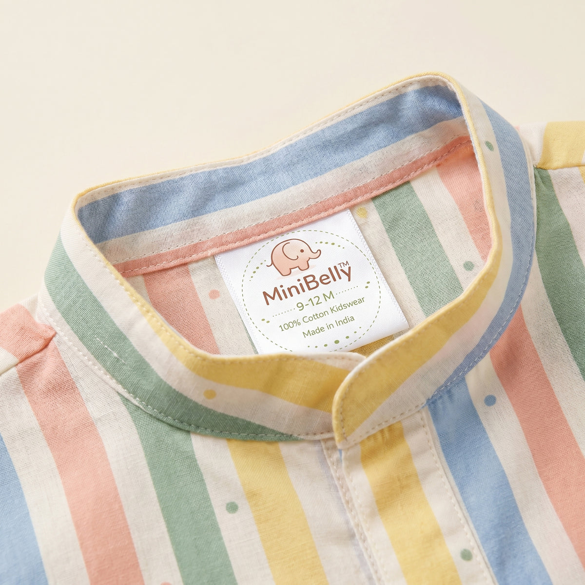 MiniBelly kids' pastel multi stripe cotton kurta pajama set with tiny scattered dots, soft fabric for ages 0-12 months.