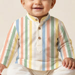 MiniBelly kids' pastel striped kurta pajama set with tiny dot patterns, made from soft 100% cotton for ages 0-12 months.