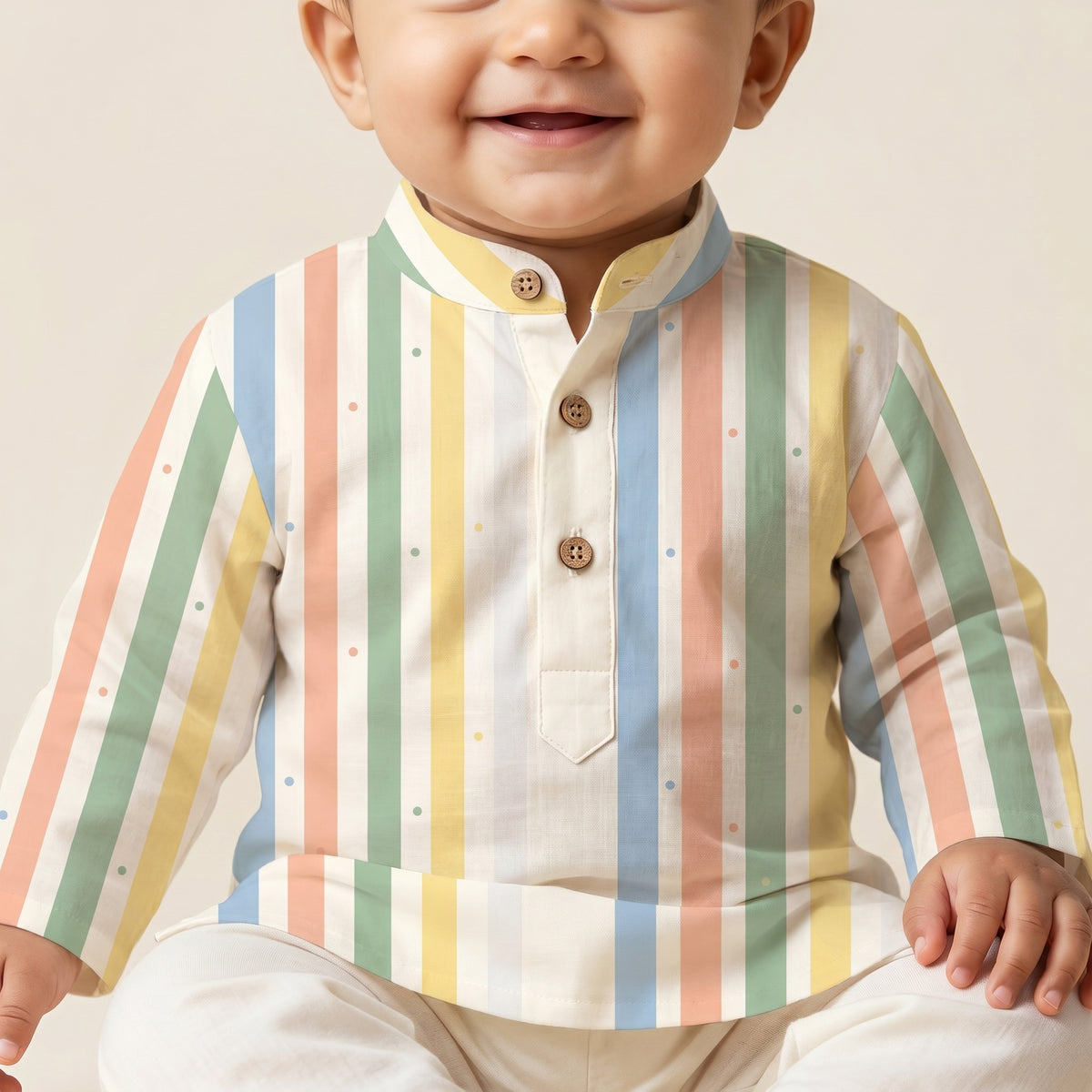 MiniBelly kids' pastel striped kurta pajama set with tiny dot patterns, made from soft 100% cotton for ages 0-12 months.