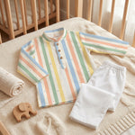 MiniBelly kids' pastel stripe kurta pajama set with tiny dot prints in soft 100% cotton for ages 0-12 months.