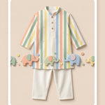 MiniBelly kids' pastel striped kurta pajama set with tiny dots, made of soft 100% cotton for ages 0-12 months.