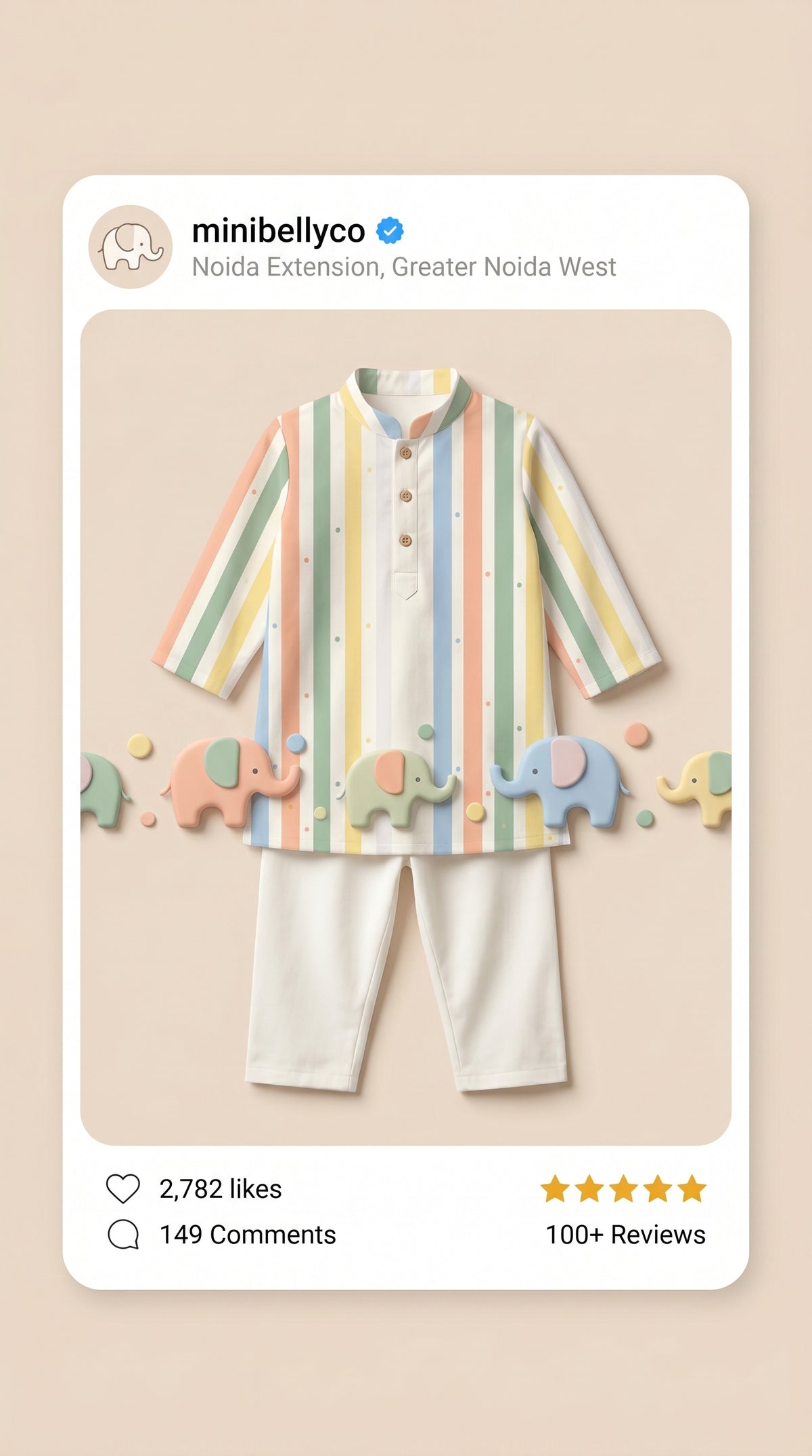 MiniBelly kids' pastel striped kurta pajama set with tiny dots, made of soft 100% cotton for ages 0-12 months.