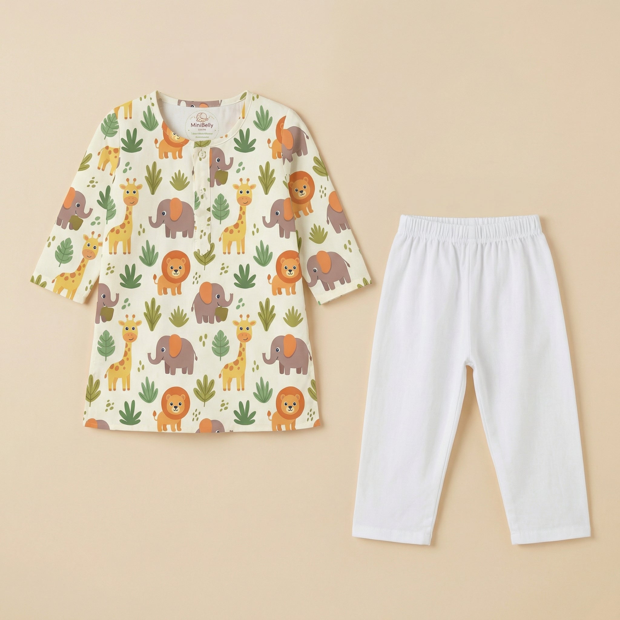 MiniBelly Kurta Pajama Set Cute safari animals featuring giraffes, elephants, lions, and jungle foliage 100% Cotton - minibelly