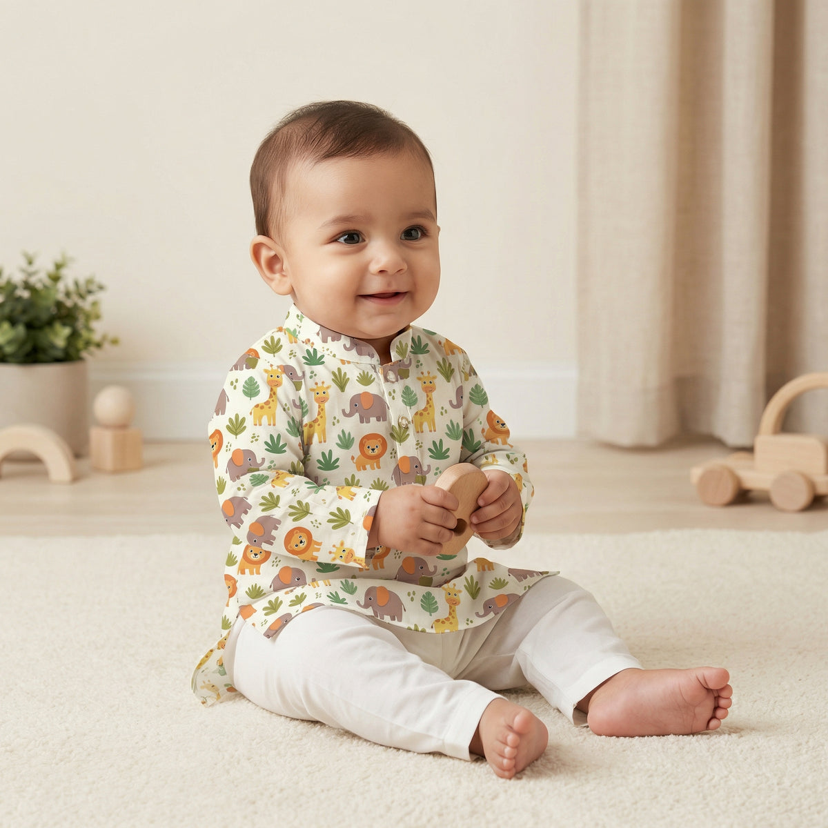 MiniBelly Kurta Pajama Set Cute safari animals featuring giraffes, elephants, lions, and jungle foliage 100% Cotton - minibelly