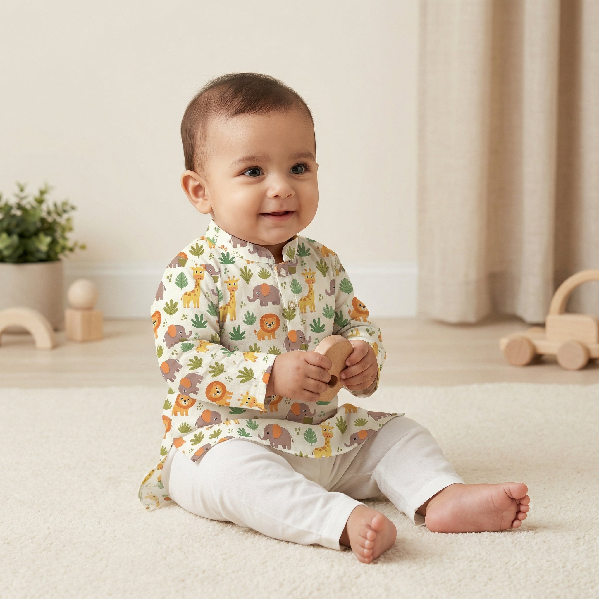MiniBelly Kurta Pajama Set Cute safari animals featuring giraffes, elephants, lions, and jungle foliage 100% Cotton - minibelly