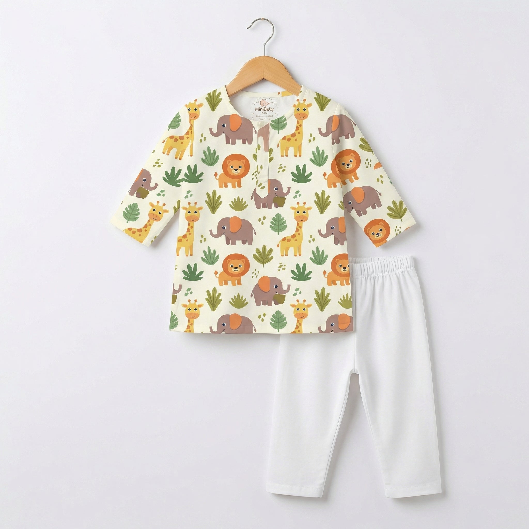 MiniBelly Kurta Pajama Set Cute safari animals featuring giraffes, elephants, lions, and jungle foliage 100% Cotton - minibelly
