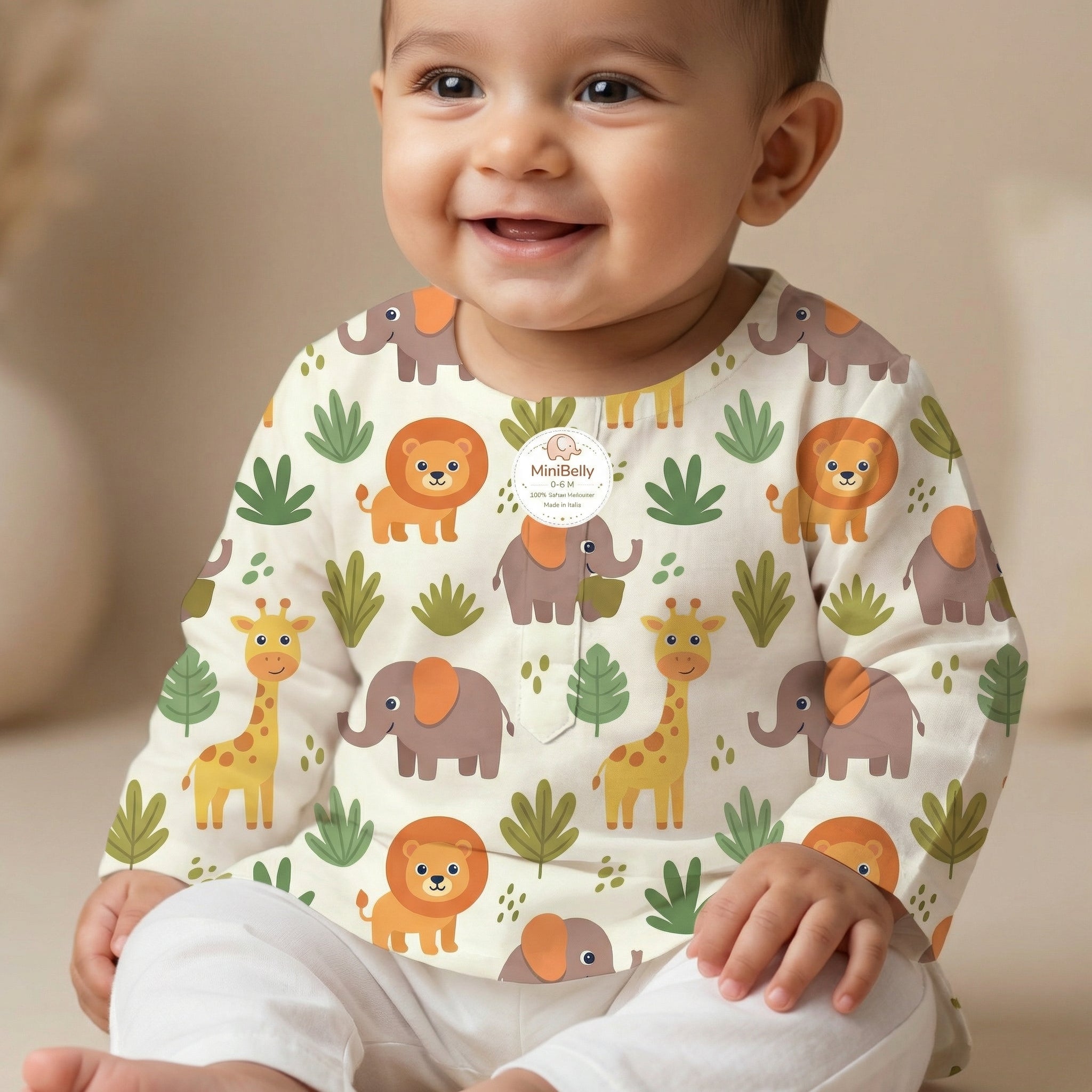 MiniBelly Kurta Pajama Set Cute safari animals featuring giraffes, elephants, lions, and jungle foliage 100% Cotton - minibelly