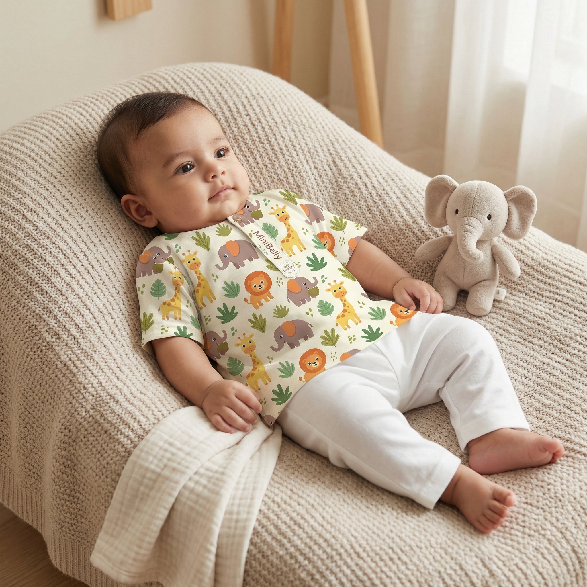 MiniBelly Kurta Pajama Set Cute safari animals featuring giraffes, elephants, lions, and jungle foliage 100% Cotton - minibelly