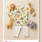 MiniBelly Kurta Pajama Set Cute safari animals featuring giraffes, elephants, lions, and jungle foliage 100% Cotton - minibelly