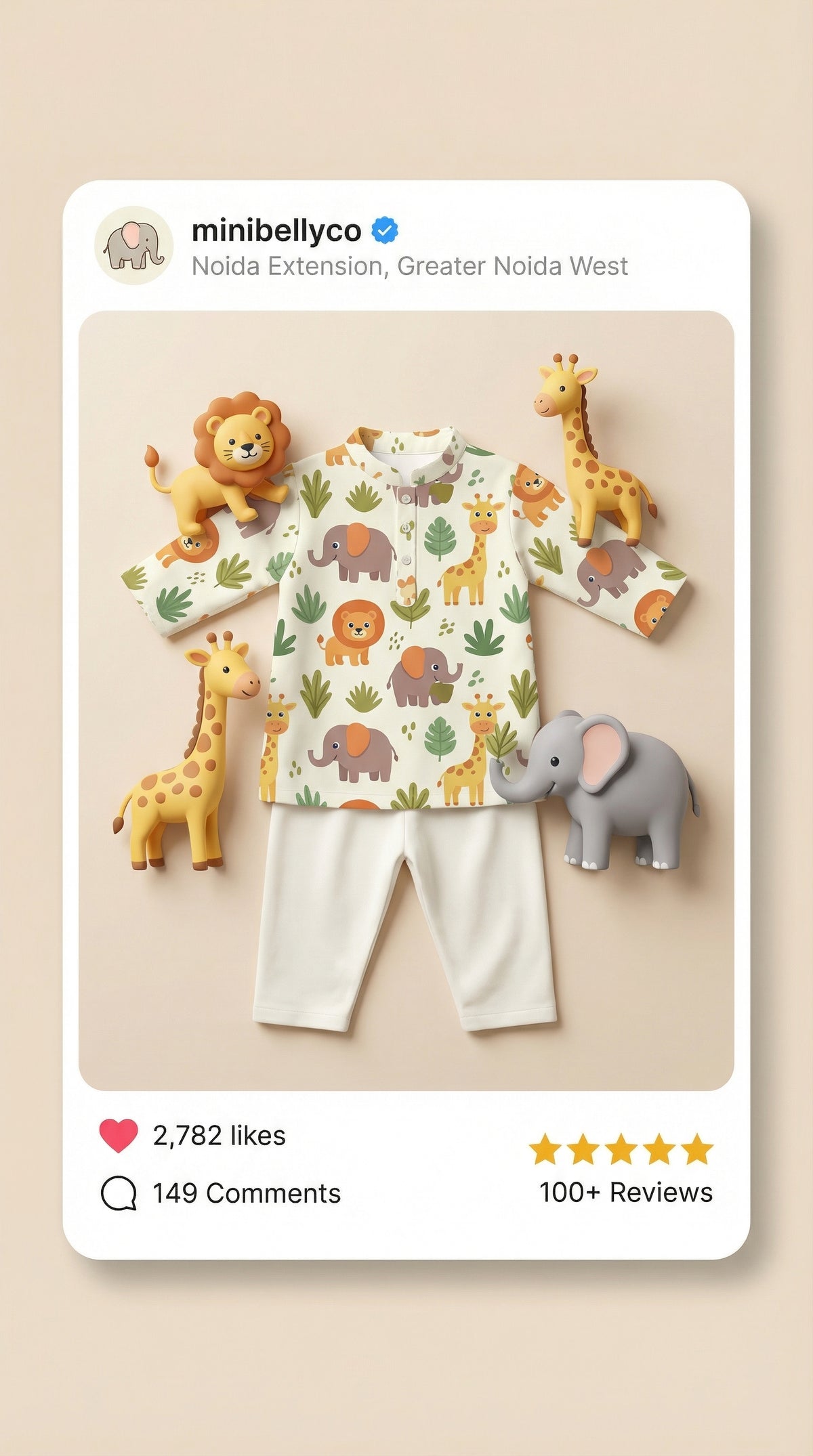 MiniBelly Kurta Pajama Set Cute safari animals featuring giraffes, elephants, lions, and jungle foliage 100% Cotton - minibelly