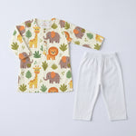 MiniBelly Kurta Pajama Set Cute cartoon safari animals including giraffes, elephants, and lions with foliage 100% Cotton - minibelly