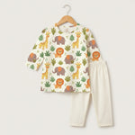 MiniBelly Kurta Pajama Set Cute cartoon safari animals including giraffes, elephants, and lions with foliage 100% Cotton - minibelly