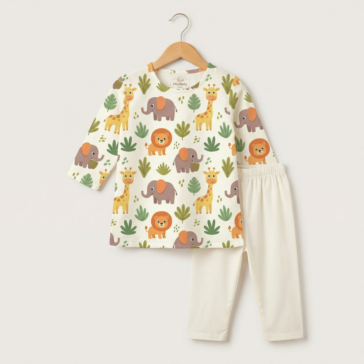 MiniBelly Kurta Pajama Set Cute cartoon safari animals including giraffes, elephants, and lions with foliage 100% Cotton - minibelly