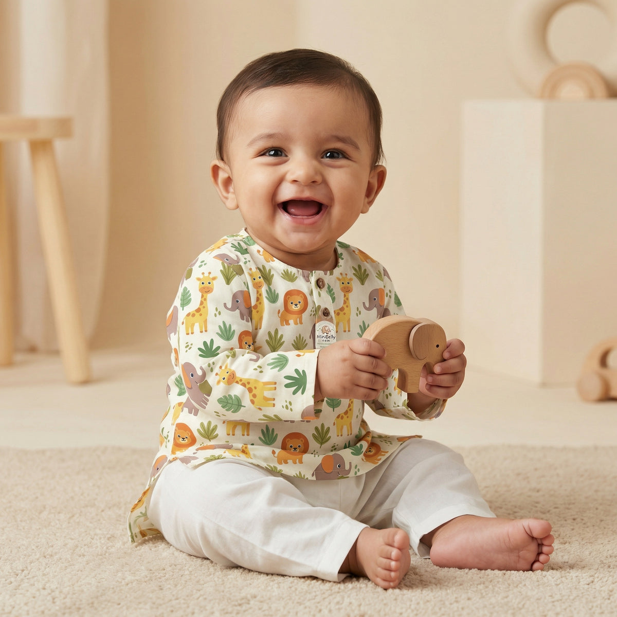 MiniBelly Kurta Pajama Set Cute cartoon safari animals including giraffes, elephants, and lions with foliage 100% Cotton - minibelly