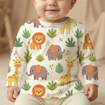 MiniBelly Kurta Pajama Set Cute cartoon safari animals including giraffes, elephants, and lions with foliage 100% Cotton - minibelly