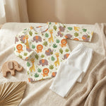 MiniBelly Kurta Pajama Set Cute cartoon safari animals including giraffes, elephants, and lions with foliage 100% Cotton - minibelly