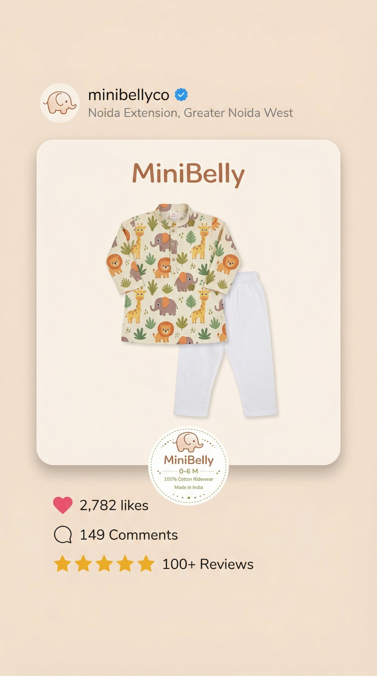 MiniBelly Kurta Pajama Set Cute cartoon safari animals including giraffes, elephants, and lions with foliage 100% Cotton - minibelly