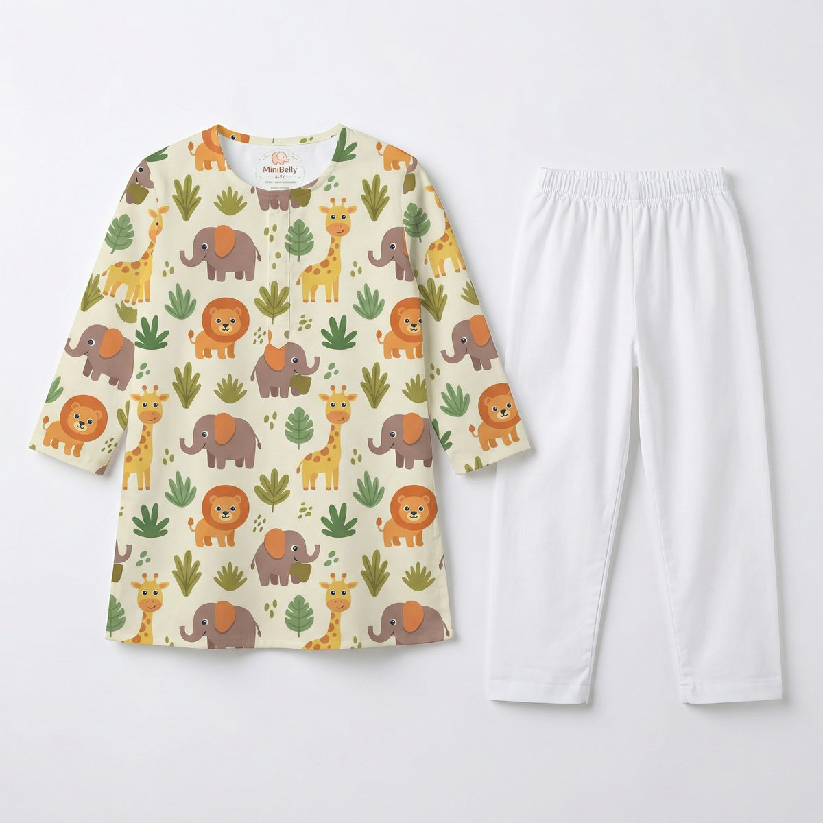 MiniBelly Kurta Pajama Set Cute cartoon safari animals including giraffes, elephants, and lions with foliage 100% Cotton - minibelly