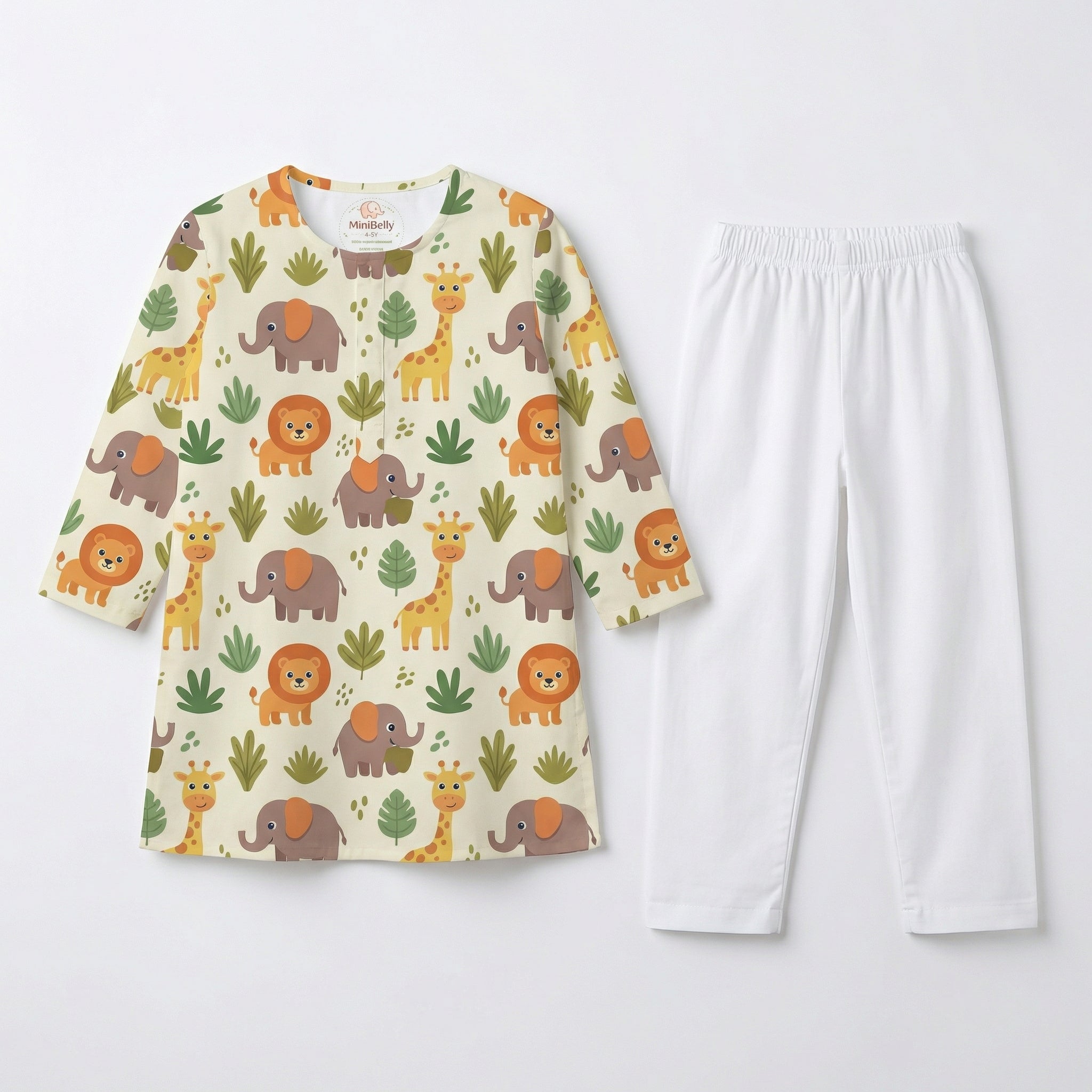 MiniBelly Kurta Pajama Set Cute cartoon safari animals including giraffes, elephants, and lions with foliage 100% Cotton - minibelly
