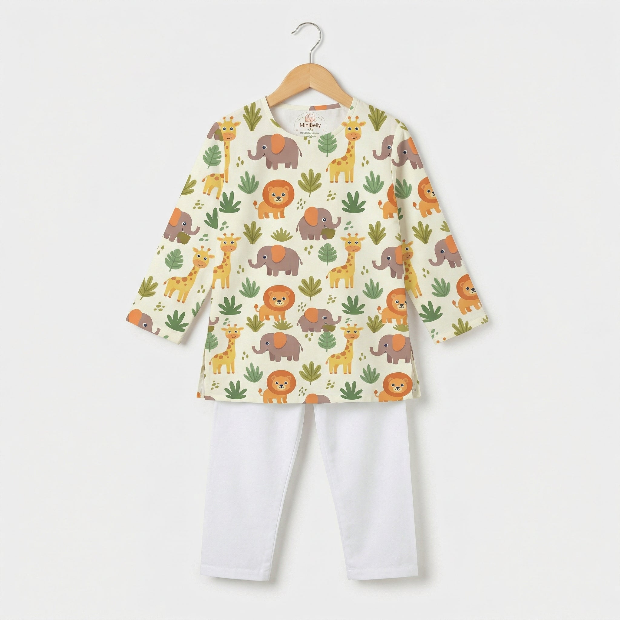 MiniBelly Kurta Pajama Set Cute cartoon safari animals including giraffes, elephants, and lions with foliage 100% Cotton - minibelly