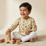 MiniBelly Kurta Pajama Set Cute cartoon safari animals including giraffes, elephants, and lions with foliage 100% Cotton - minibelly