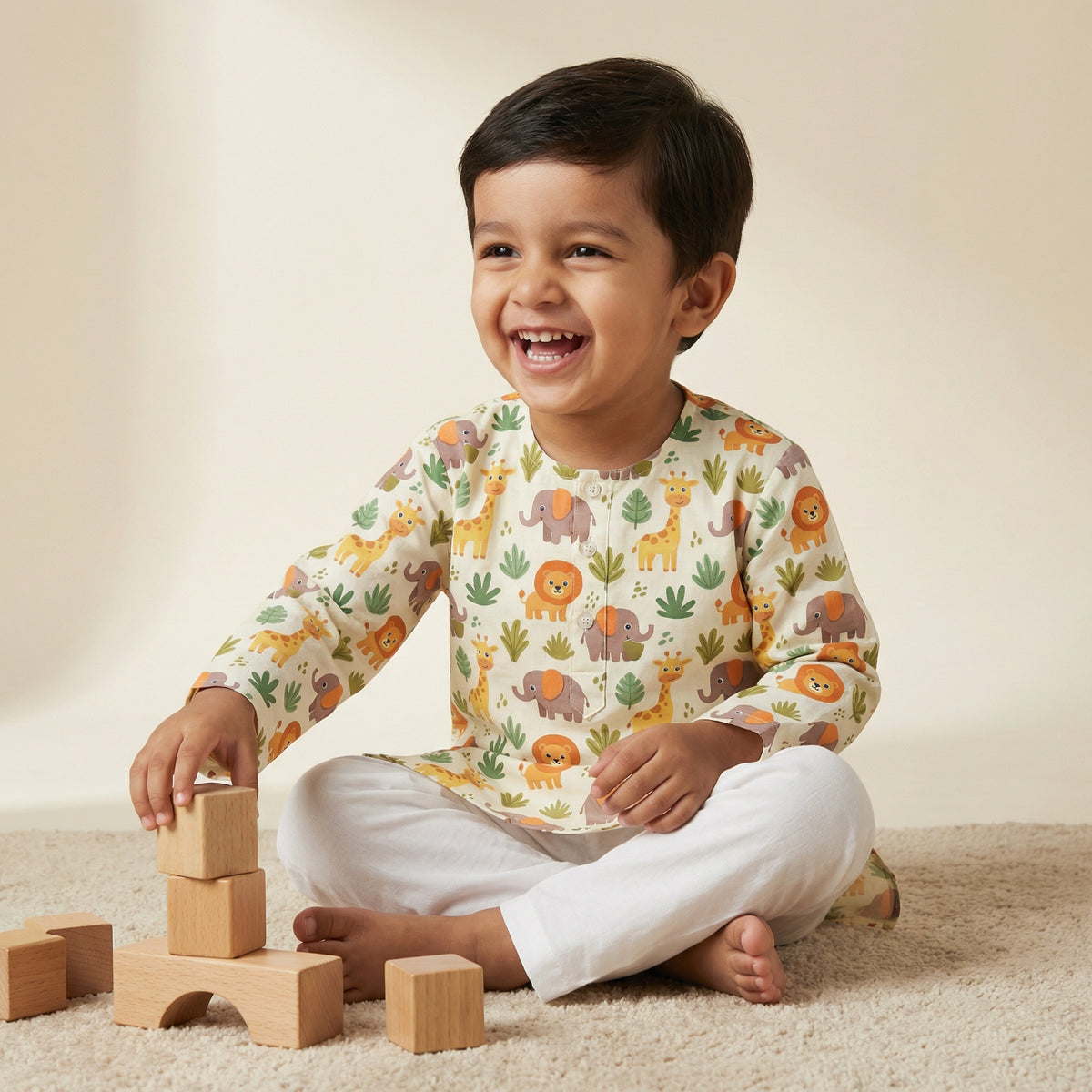 MiniBelly Kurta Pajama Set Cute cartoon safari animals including giraffes, elephants, and lions with foliage 100% Cotton - minibelly