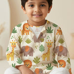 MiniBelly Kurta Pajama Set Cute cartoon safari animals including giraffes, elephants, and lions with foliage 100% Cotton - minibelly