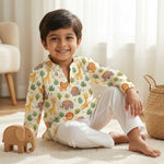 MiniBelly Kurta Pajama Set Cute cartoon safari animals including giraffes, elephants, and lions with foliage 100% Cotton - minibelly