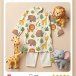 MiniBelly Kurta Pajama Set Cute cartoon safari animals including giraffes, elephants, and lions with foliage 100% Cotton - minibelly