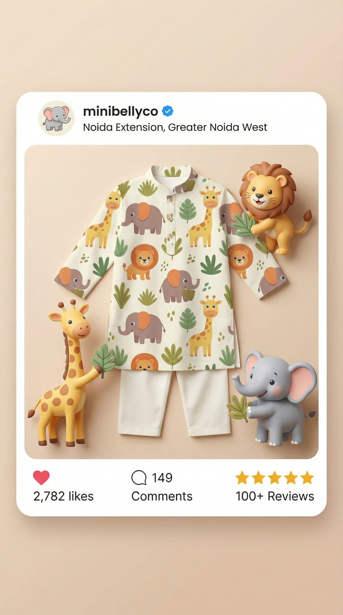 MiniBelly Kurta Pajama Set Cute cartoon safari animals including giraffes, elephants, and lions with foliage 100% Cotton - minibelly