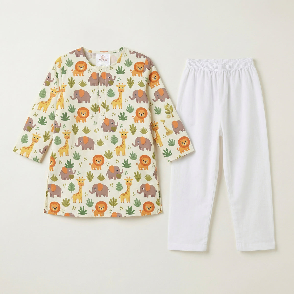 MiniBelly Kurta Pajama Set Cute safari animals featuring giraffes, elephants, lions, and jungle foliage 100% Cotton - minibelly