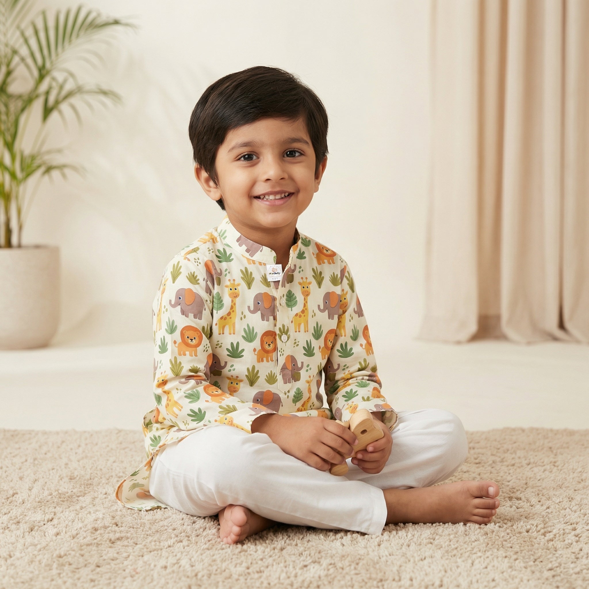 MiniBelly Kurta Pajama Set Cute safari animals featuring giraffes, elephants, lions, and jungle foliage 100% Cotton - minibelly