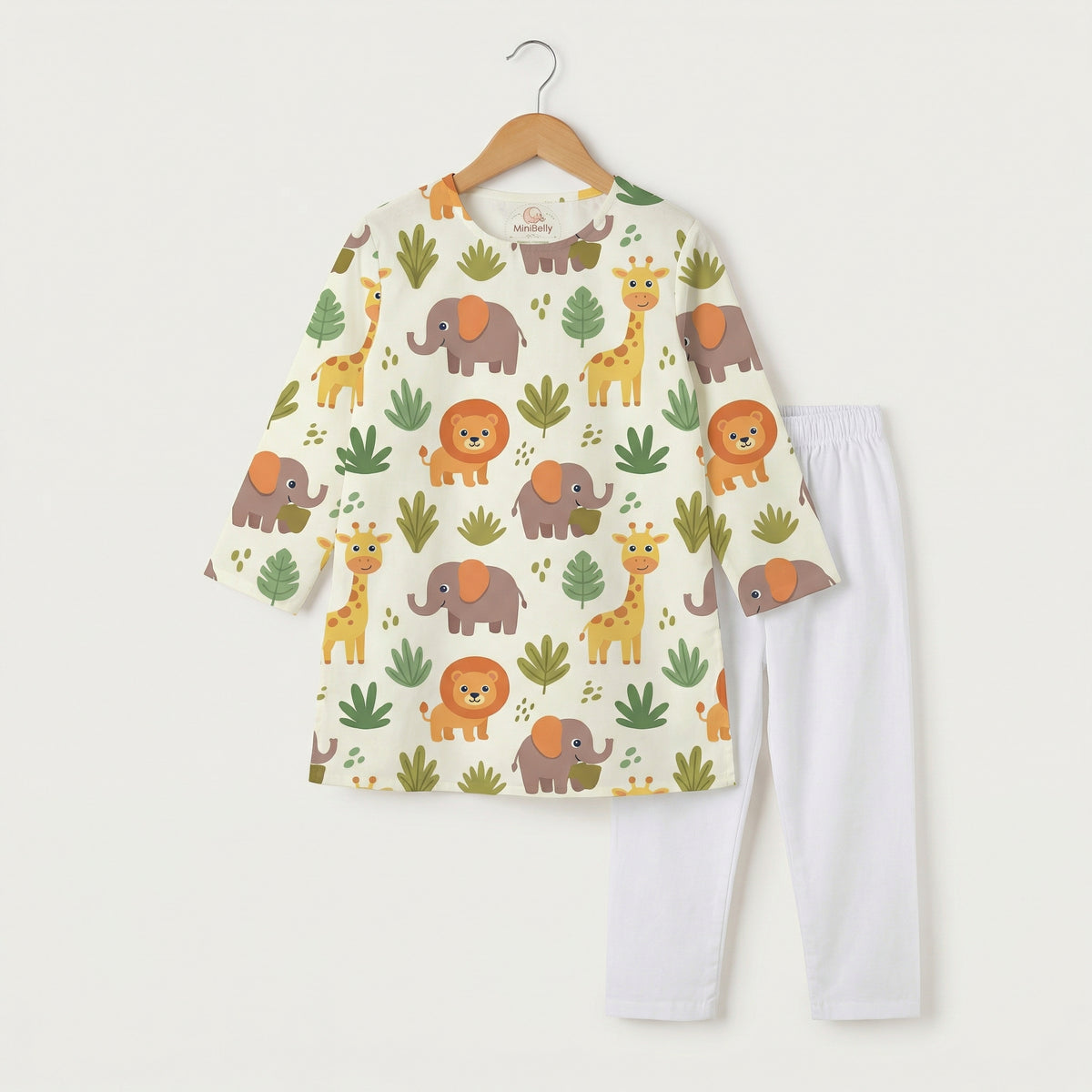MiniBelly Kurta Pajama Set Cute safari animals featuring giraffes, elephants, lions, and jungle foliage 100% Cotton - minibelly