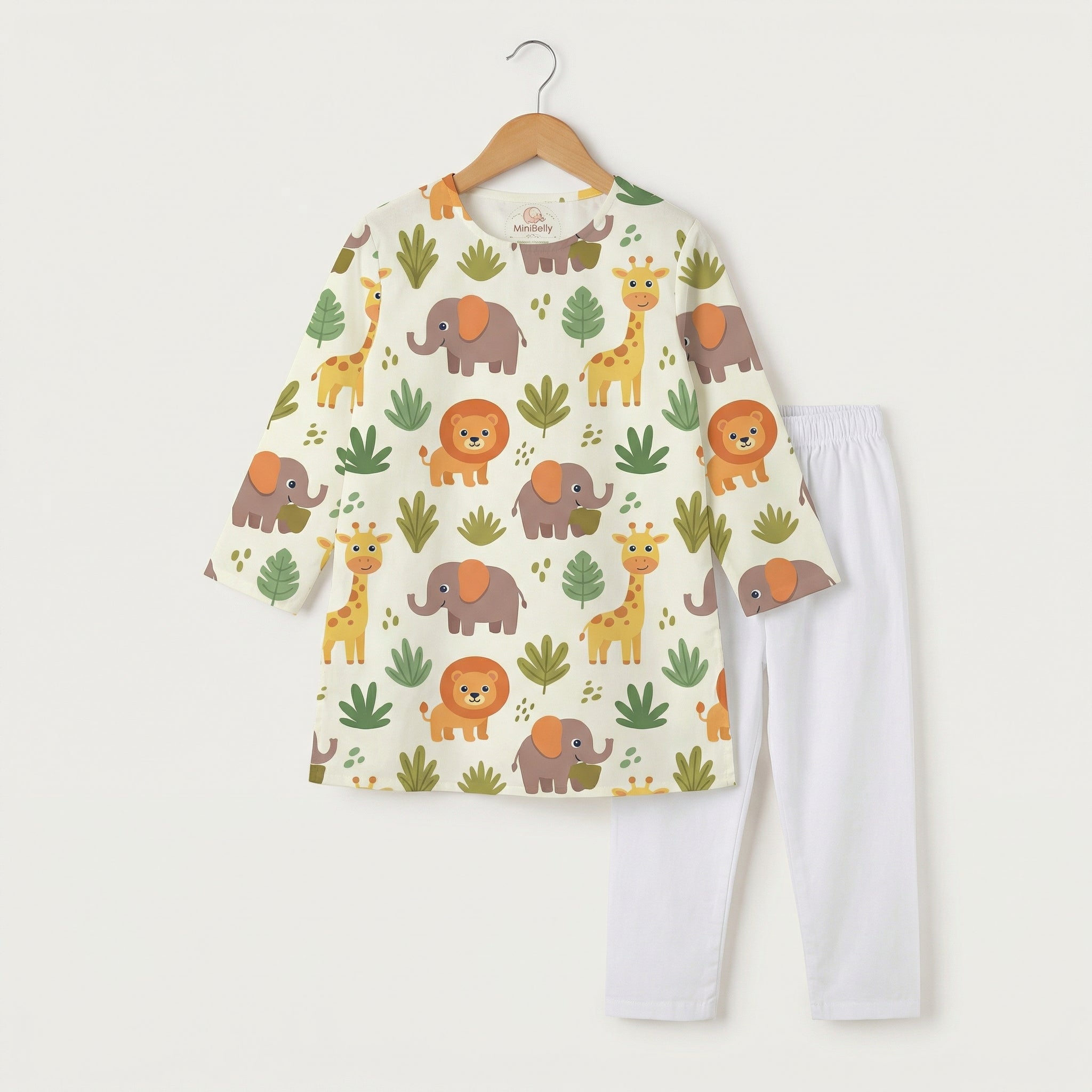 MiniBelly Kurta Pajama Set Cute safari animals featuring giraffes, elephants, lions, and jungle foliage 100% Cotton - minibelly