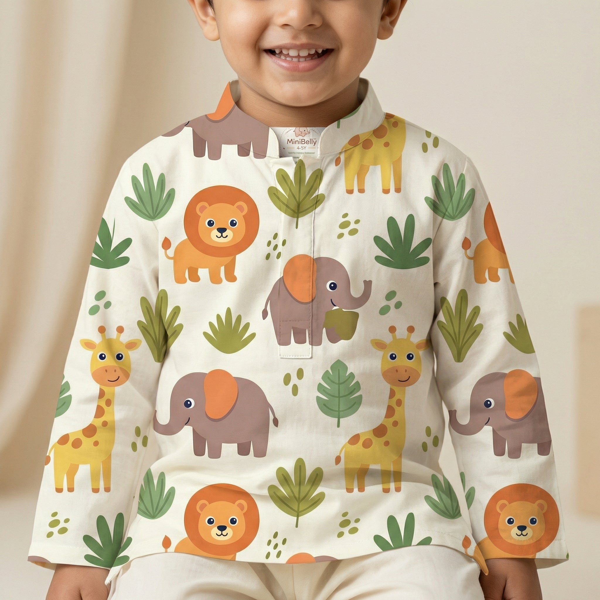 MiniBelly Kurta Pajama Set Cute safari animals featuring giraffes, elephants, lions, and jungle foliage 100% Cotton - minibelly