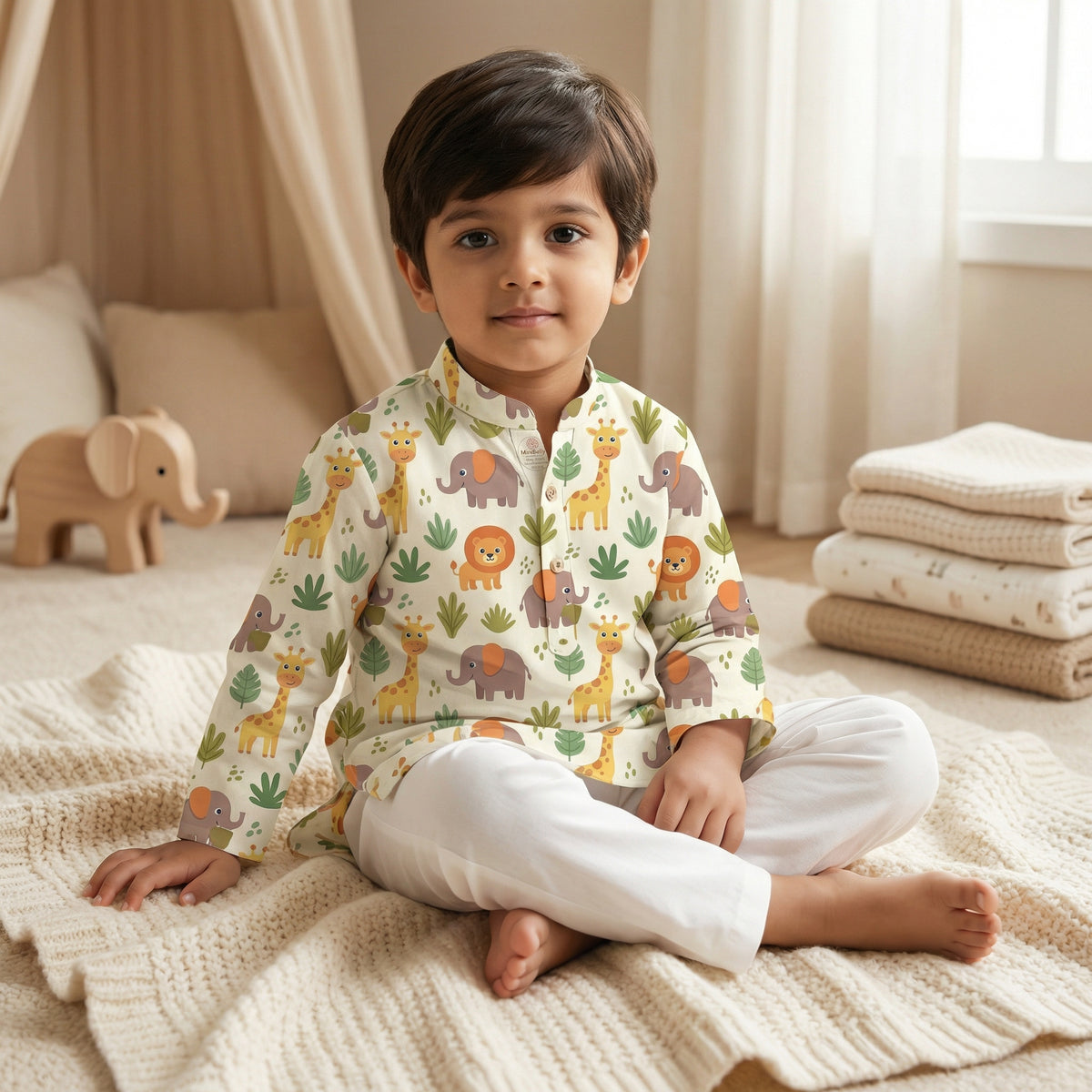 MiniBelly Kurta Pajama Set Cute safari animals featuring giraffes, elephants, lions, and jungle foliage 100% Cotton - minibelly