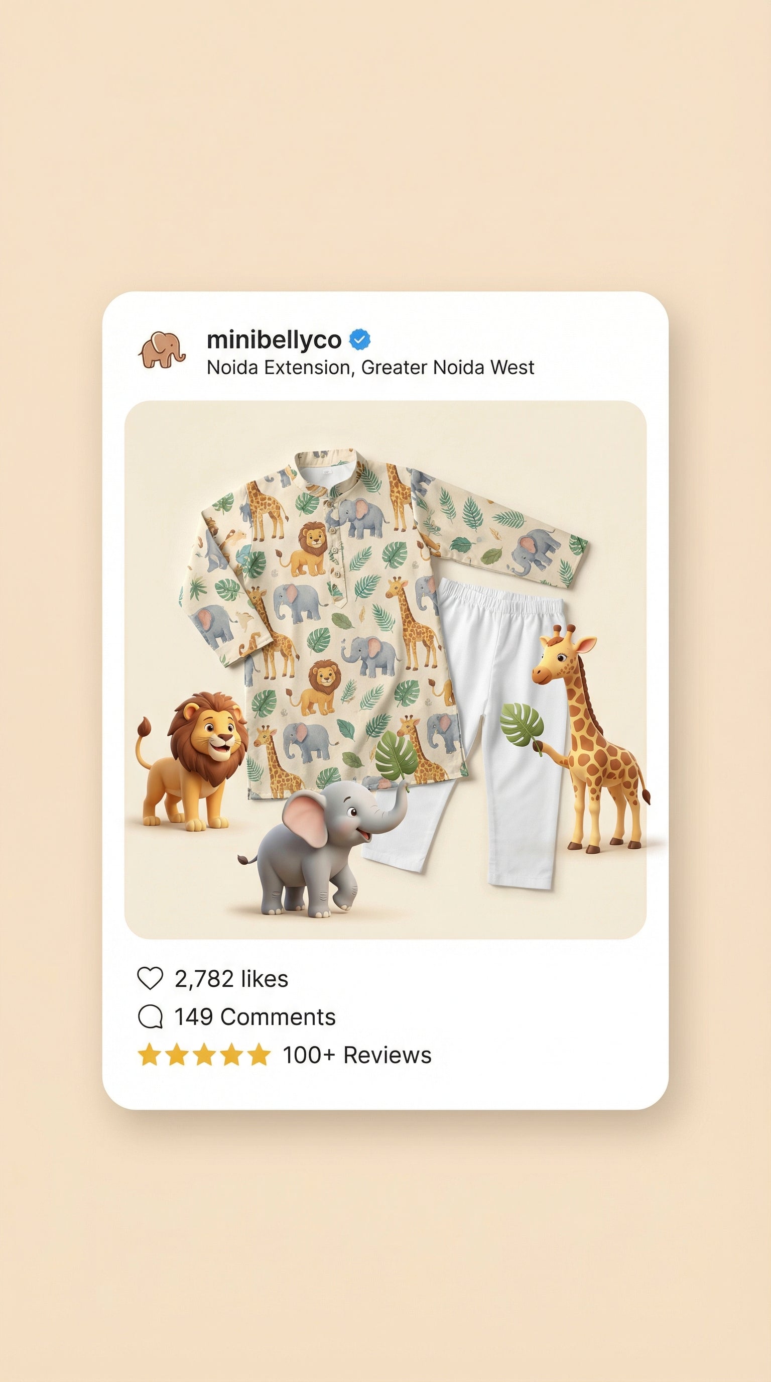 MiniBelly Kurta Pajama Set Cute safari animals featuring giraffes, elephants, lions, and jungle foliage 100% Cotton - minibelly