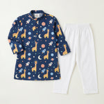 MiniBelly kids' kurta pajama set with cute cartoon astronaut giraffes, space rockets, and planets in soft cotton fabric.