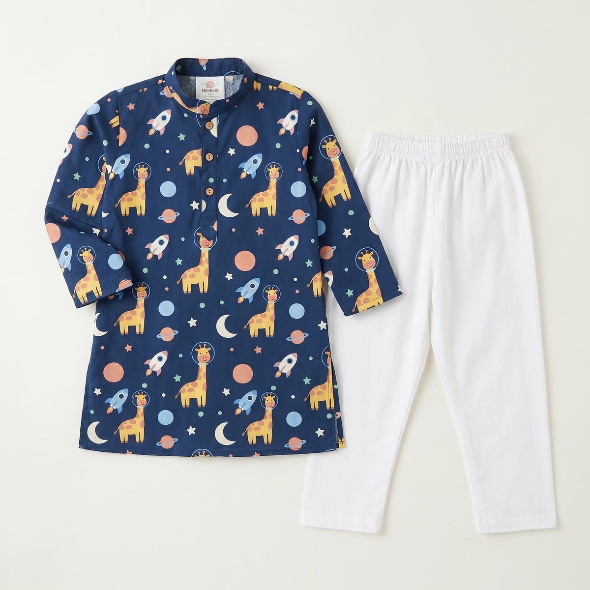 MiniBelly kids' kurta pajama set with cute cartoon astronaut giraffes, space rockets, and planets in soft cotton fabric.