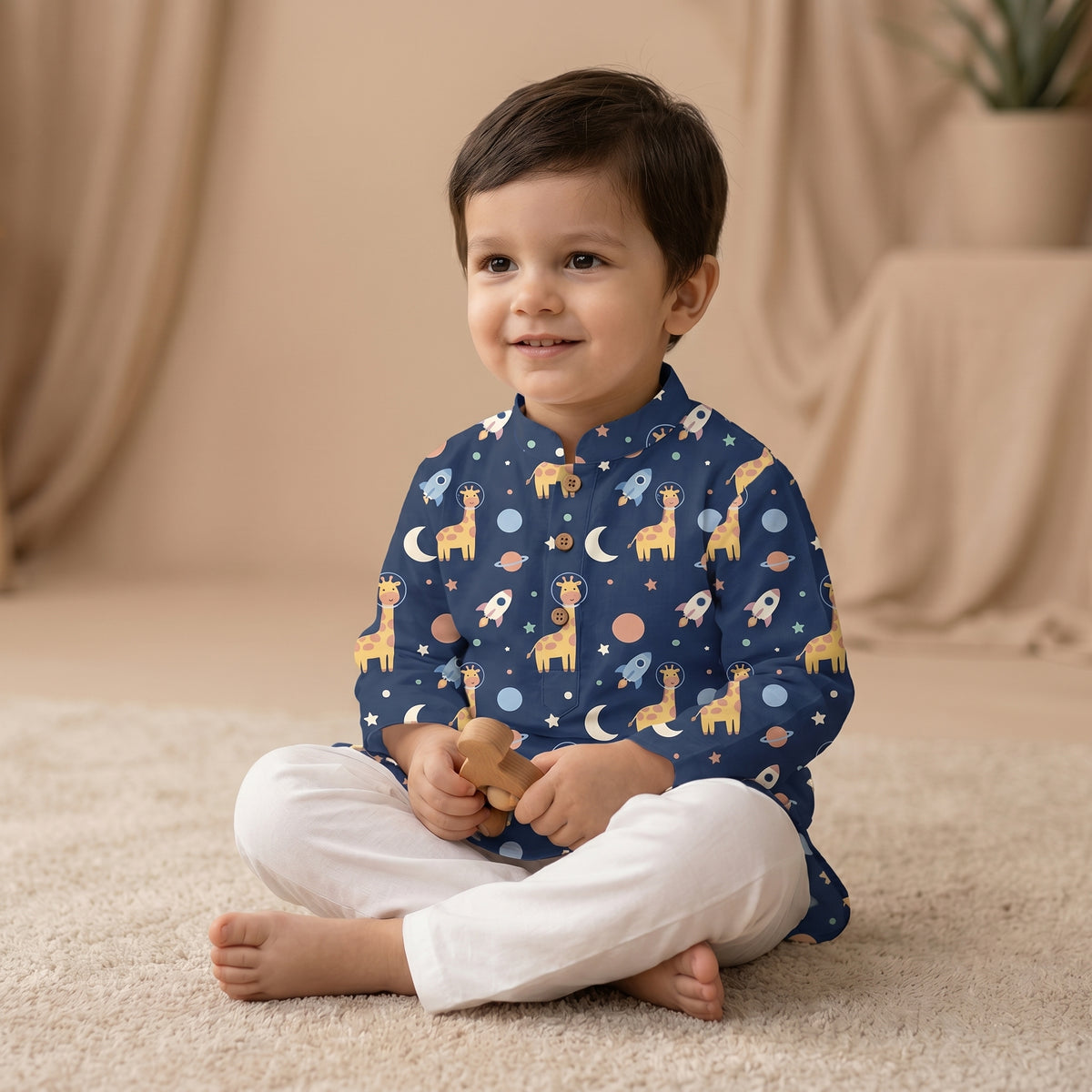 MiniBelly kids' cotton kurta pajama set with cute cartoon astronaut giraffes, rockets, and planets in a soft striped cream fabric.