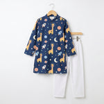 MiniBelly kids' cotton kurta pajama set featuring cute cartoon astronaut giraffes, rockets, and planets in soft cream stripes.
