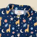 MiniBelly kids cotton kurta pajama set with adorable cartoon astronaut giraffes, rockets, and planets in space design.