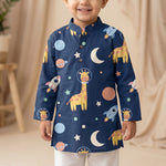 MiniBelly kids' cotton kurta pajama set featuring cute cartoon astronaut giraffes, rockets, and planets in space design.