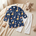 MiniBelly kids' cotton kurta pajama set featuring cute cartoon astronaut giraffes, rockets, and planets in soft striped cream fabric.