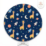 MiniBelly Kids wear mini kurta pajama set with cute cartoon astronaut giraffes, rockets, and planets in soft cotton fabric.