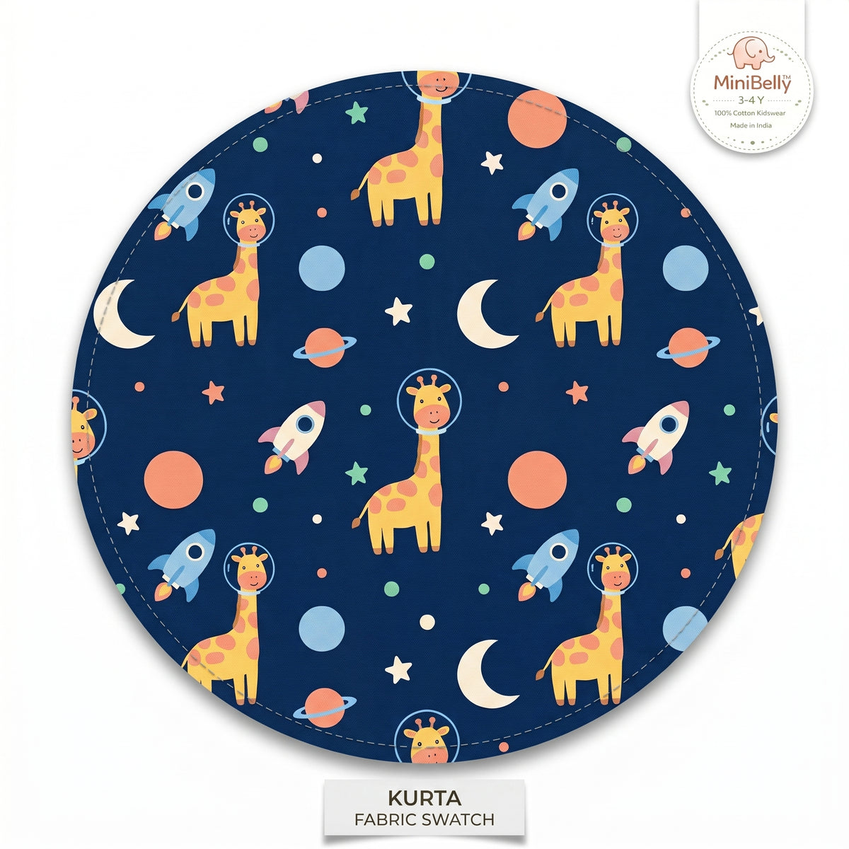 MiniBelly Kids wear mini kurta pajama set with cute cartoon astronaut giraffes, rockets, and planets in soft cotton fabric.