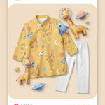 MiniBelly kids' cotton Kurta Pajama set with cute cartoon astronaut giraffes, rockets, and planets in space design.