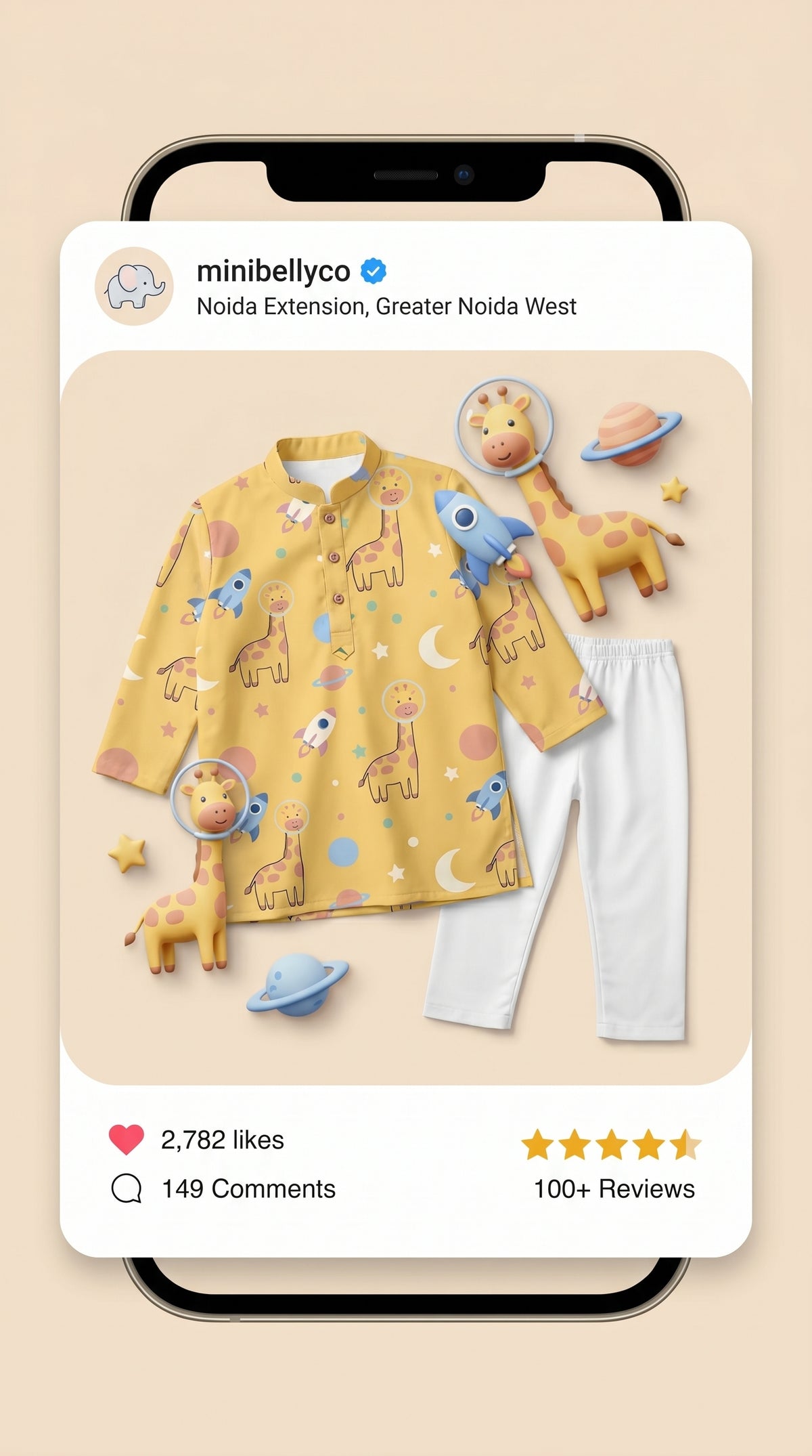 MiniBelly kids' cotton Kurta Pajama set with cute cartoon astronaut giraffes, rockets, and planets in space design.