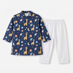 MiniBelly kids kurta pajama set with cute cartoon astronaut giraffes, space-themed rockets and planets, made from soft cotton fabric.