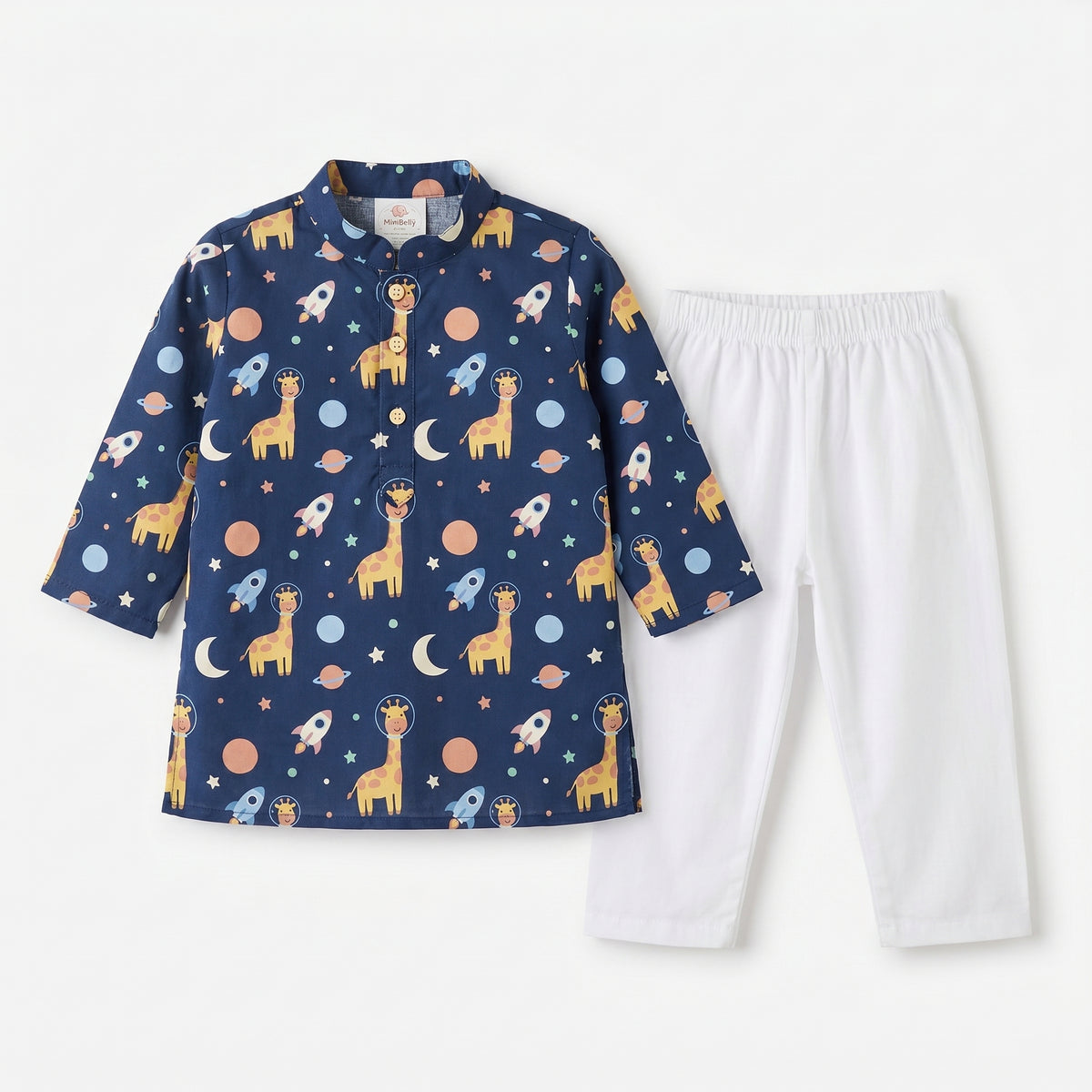 MiniBelly kids kurta pajama set with cute cartoon astronaut giraffes, space-themed rockets and planets, made from soft cotton fabric.